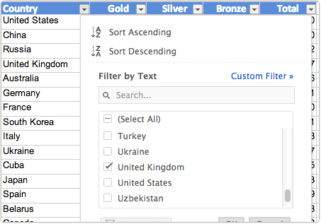 Filter in spreadsheet