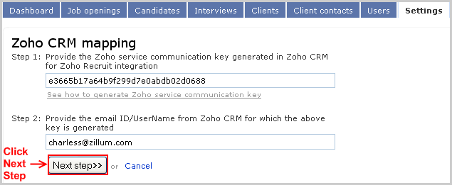 ... , the next step is to setup Zoho CRM integration in Zoho Recruit