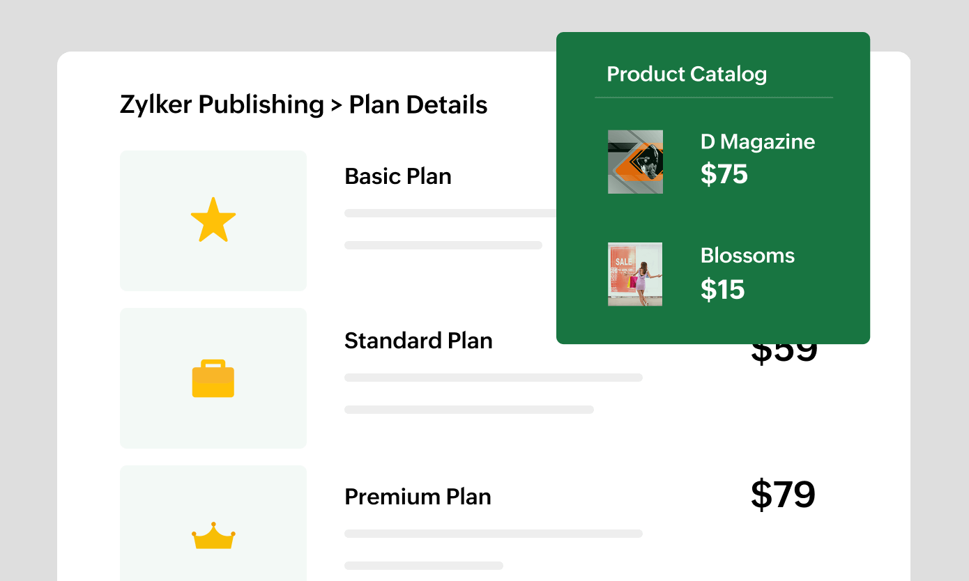 Preview of the product catalog feature that helps manage items and services with ease. | Zoho Billing Preview of the product catalog feature that helps manage items and services with ease. | Zoho Billing