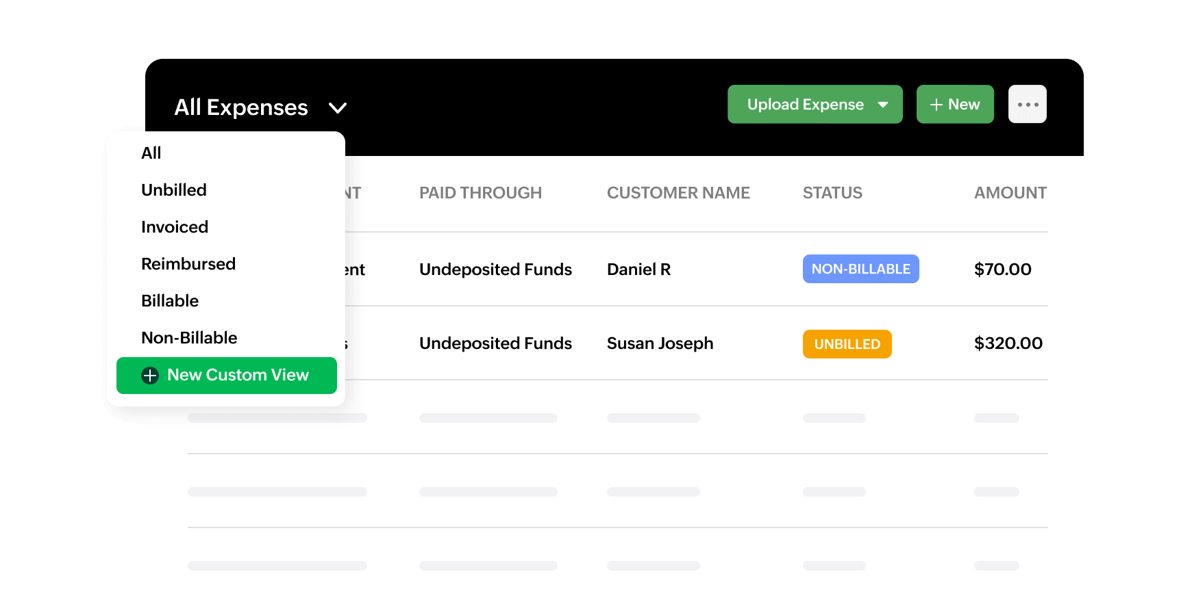 Preview image of Zoho Billing’s custom expense view setup with filters applied.