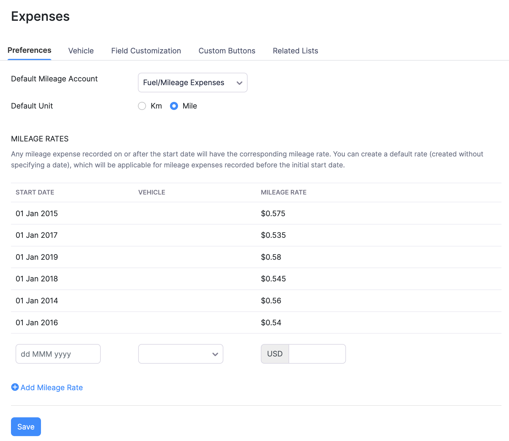 Expense Preferences Mileage Rate and Vehicle Tracking Help Zoho