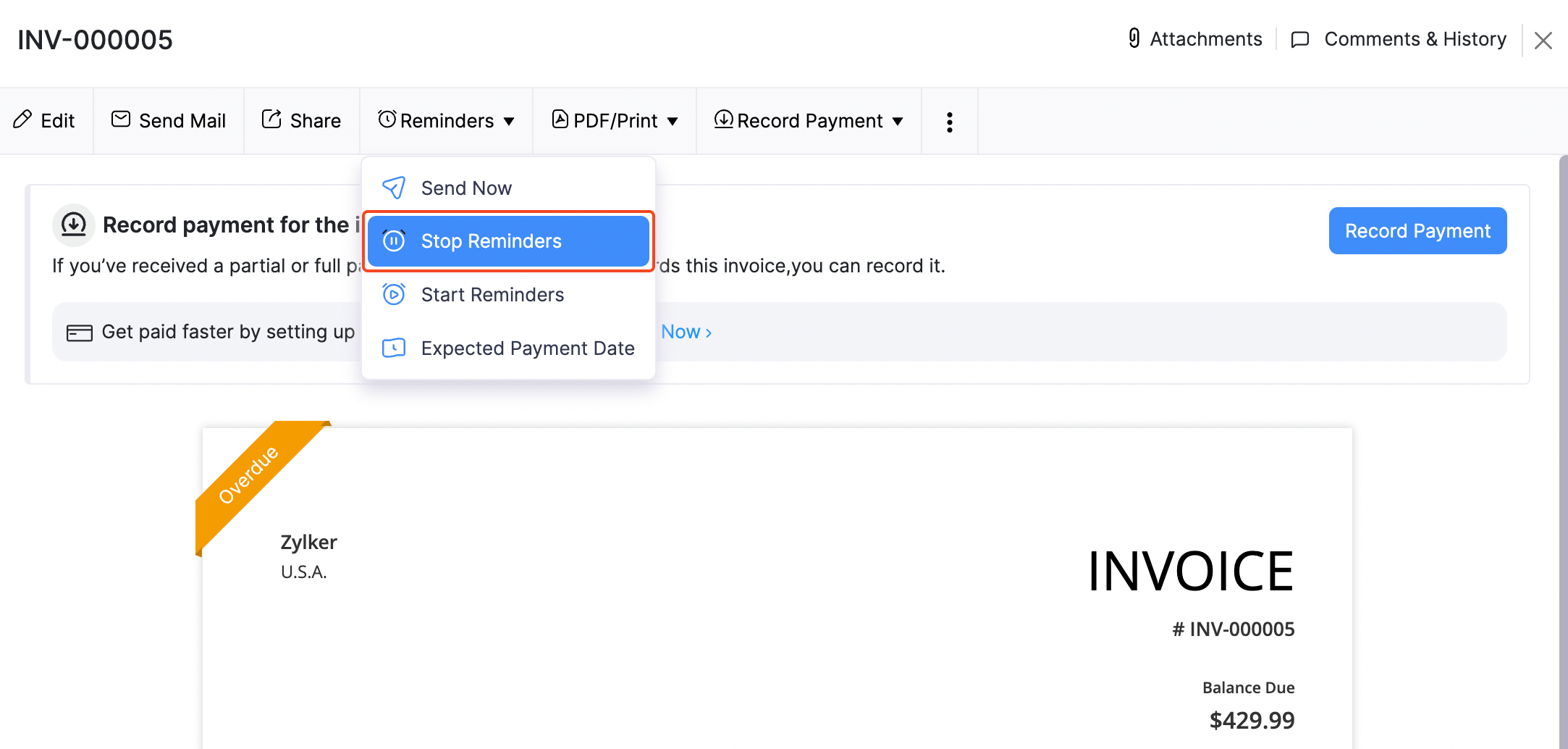 Invoices - Stop Reminders