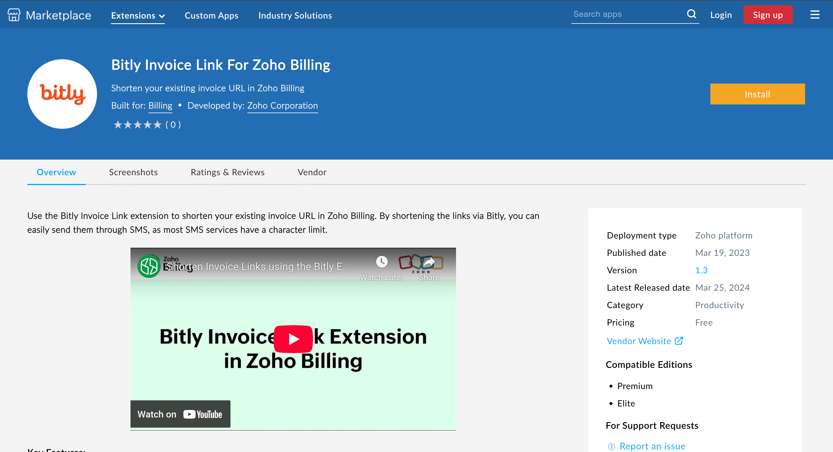 Zoho Marketplace Bitly Invoice Link Extension