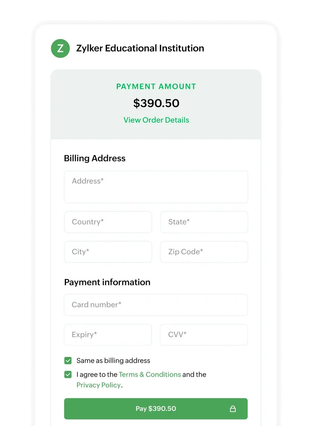 Preview of Zoho Billing's secure PCI-DSS compliant hosted payment page