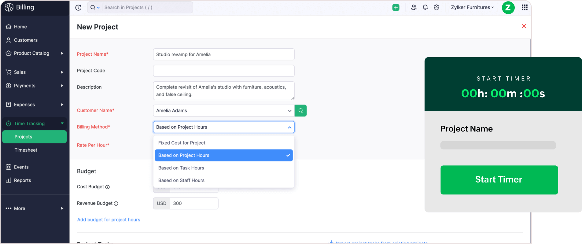 Preview of Zoho Billing's project creation page