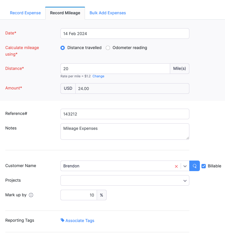 Record Mileage Form