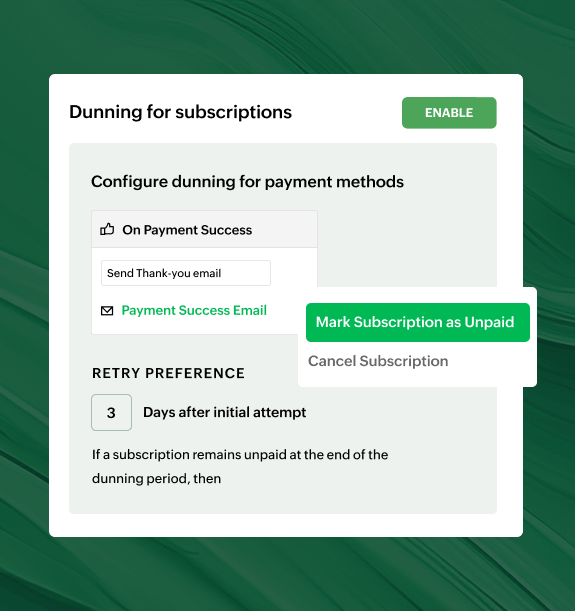 Preview of dunning configuration within Zoho Billing