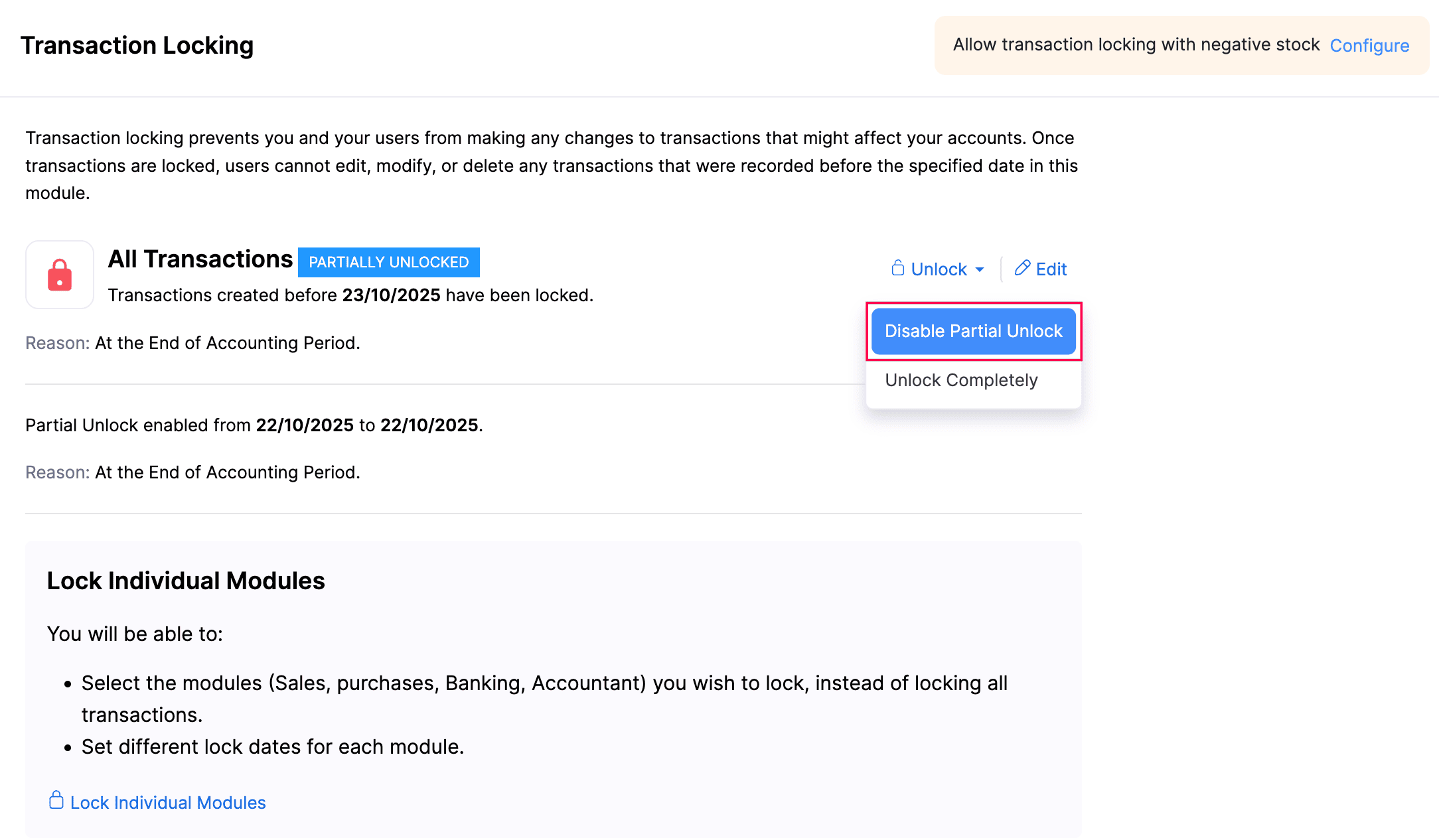Disable Partial Unlock