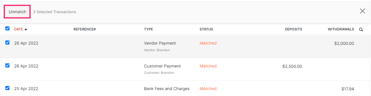 Unmatch Transactions