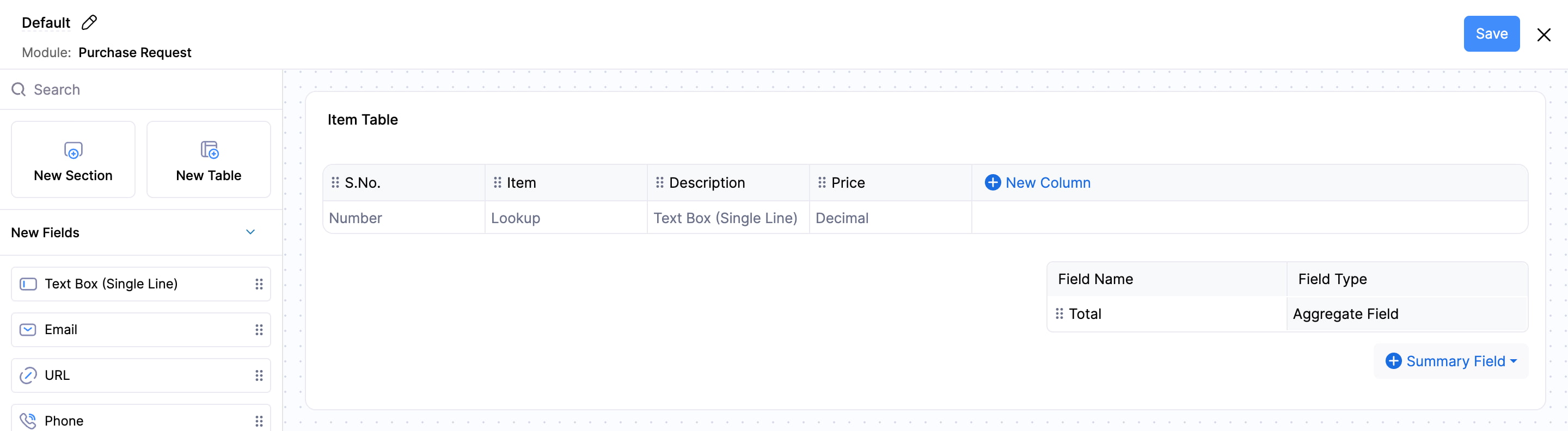 The form builder page. Drag and drop New Table on the left side of the page into the preferred position in the form.