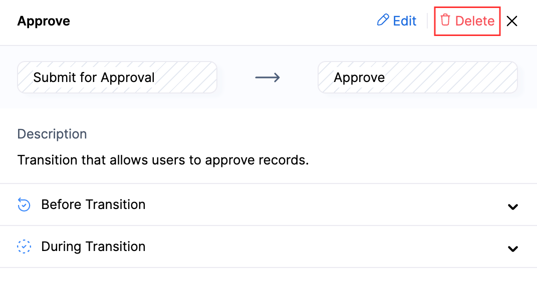 The Details pane of a transition. Click Delete in the top right corner to Delete a transition.