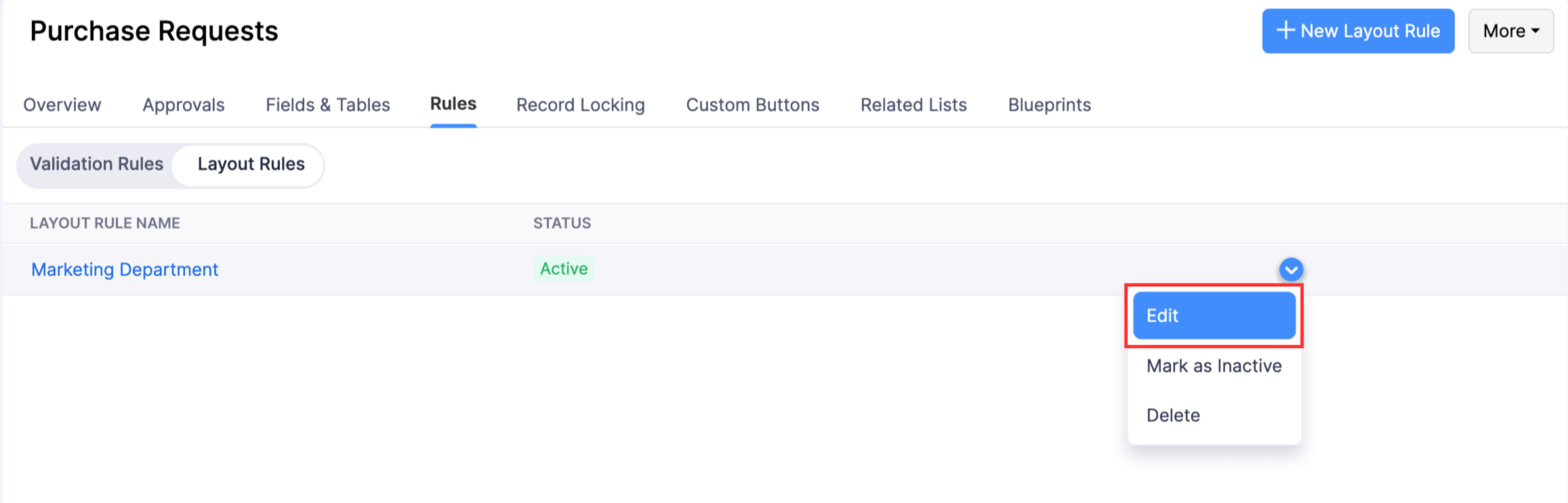 The More Actions dropdown of a layout rule with the Edit option highlighted.
