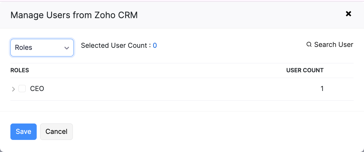 Manage Users and Roles Pop-up