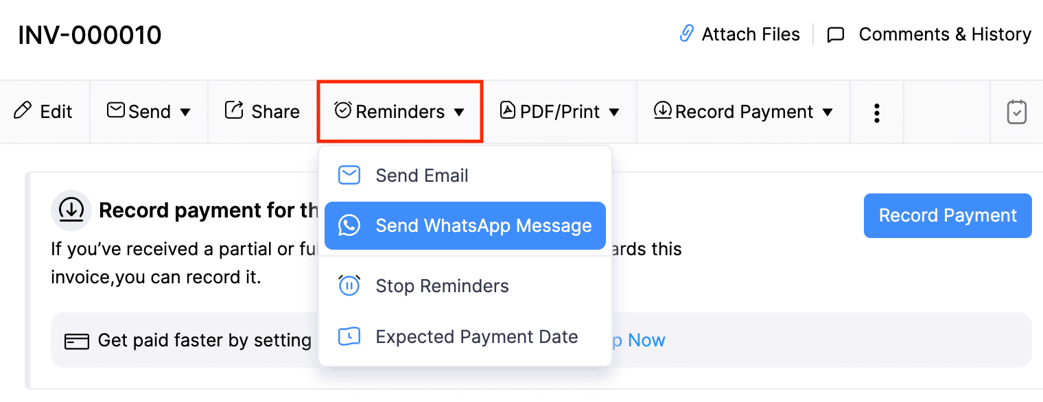 Reminders - Send Dropdown