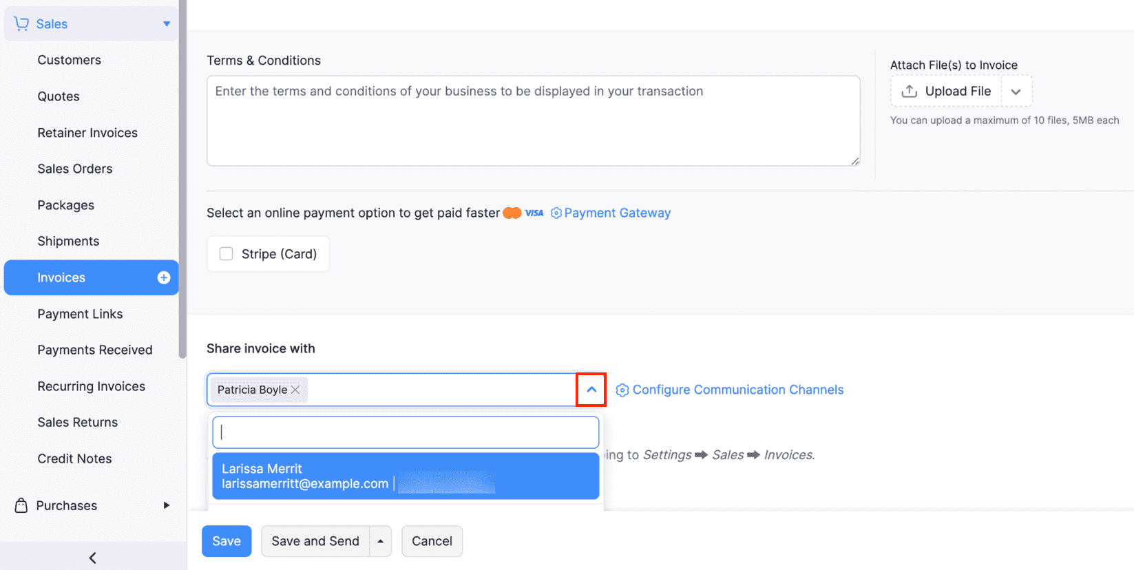 Share Invoice with drop-down