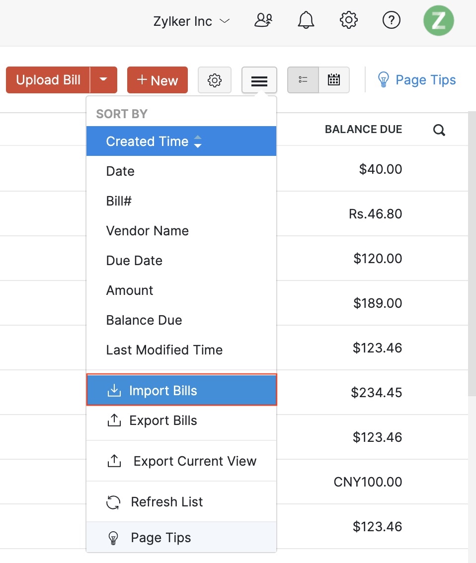 Import Bills Option