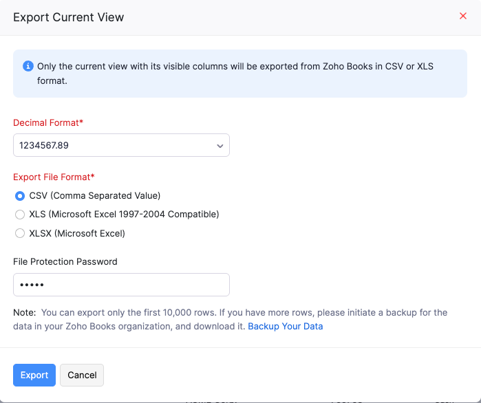 Export Current View of Payments - Popup