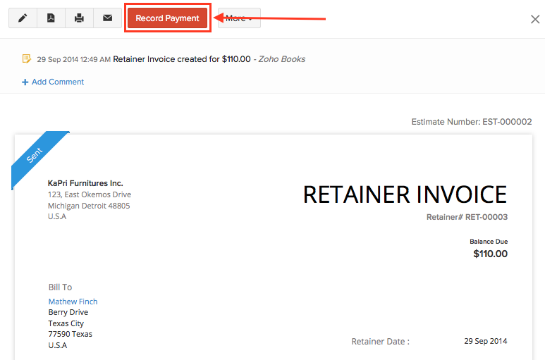 retainer invoice template
 Recording Offline Retainer Payment | Help | Zoho Books