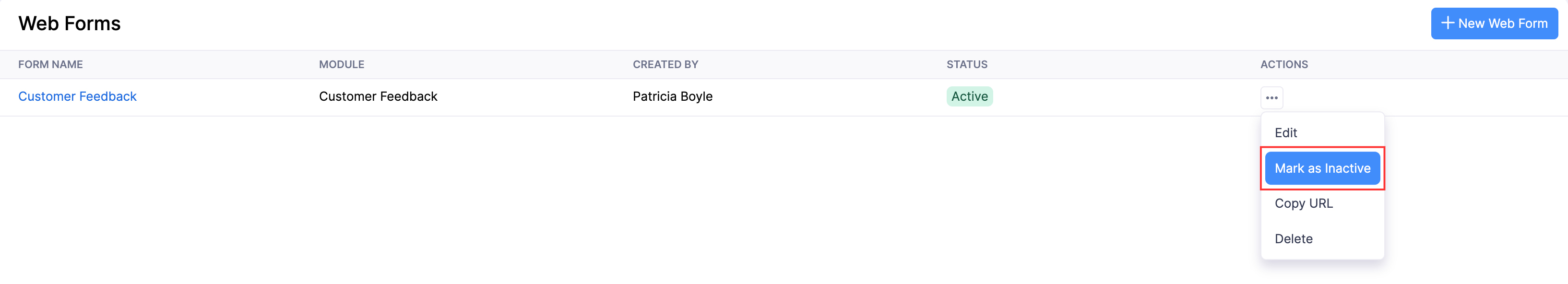 The Web Forms list page. Hover over a web form, click the More icon, and select Mark as Inactive to make it inactive.