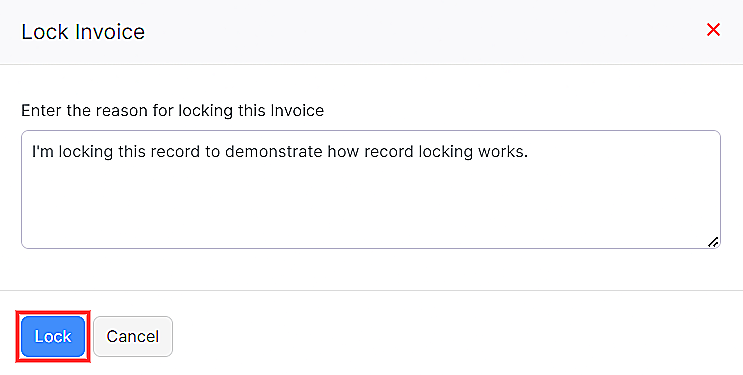 Enter reason for locking the record
