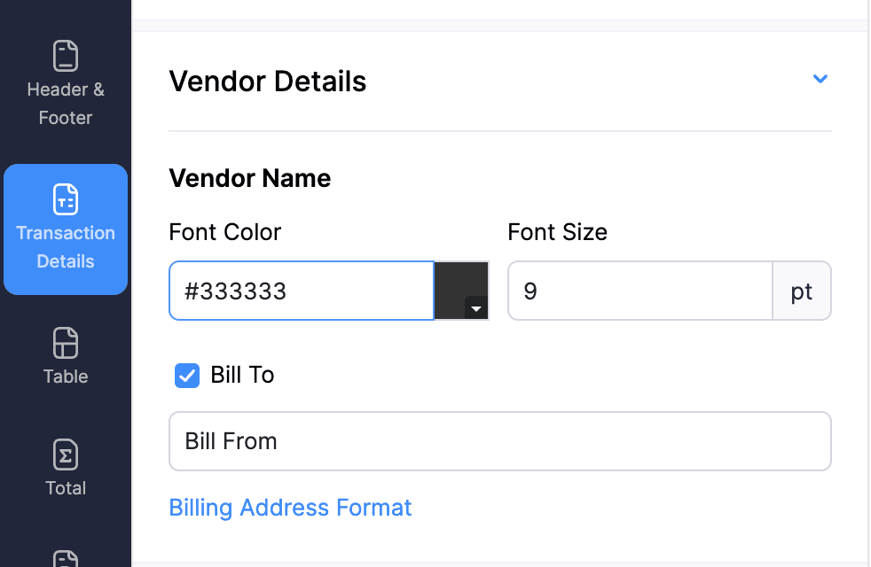 Transaction Details - Vendor Details