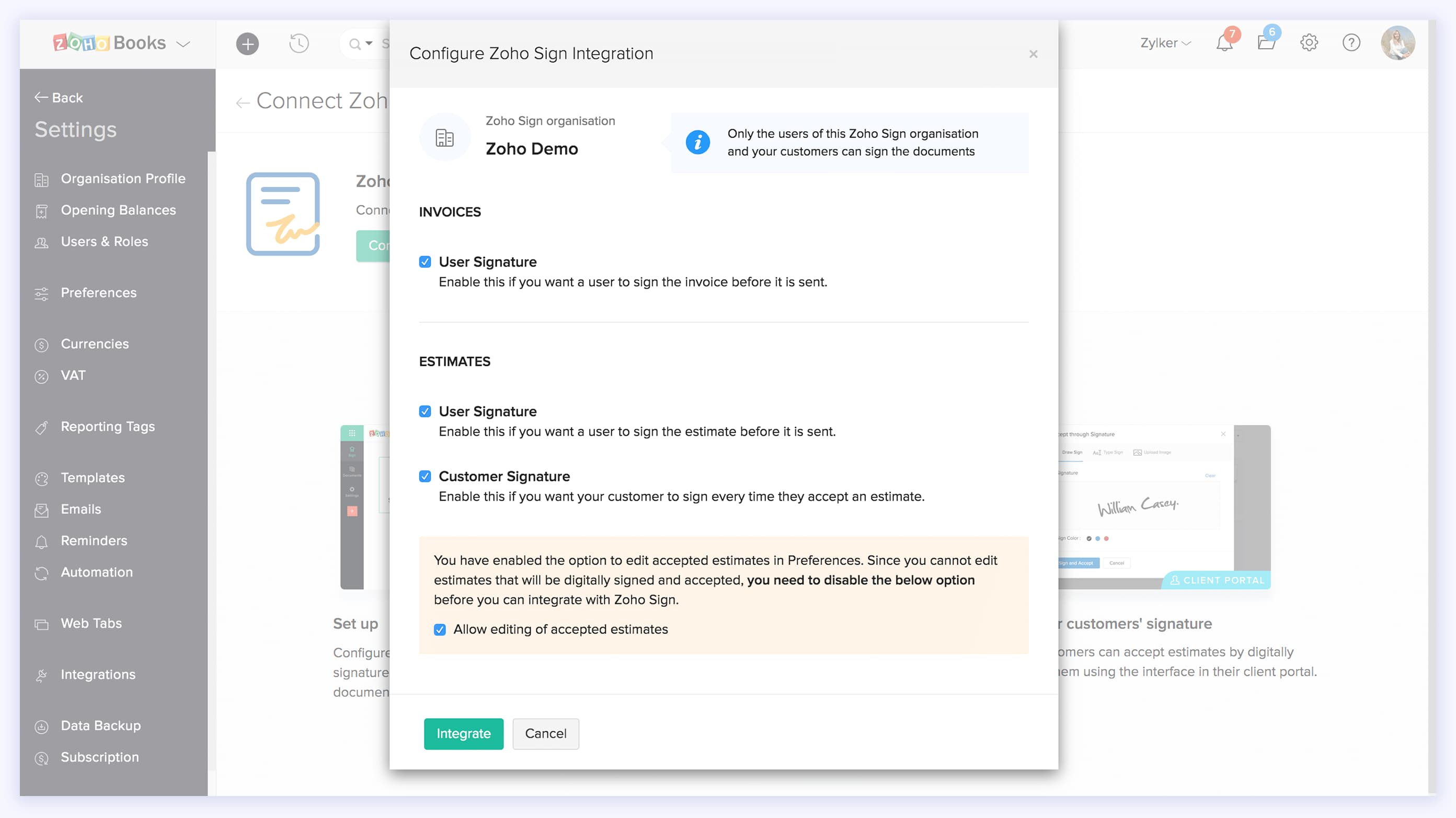 integrate zoho books and zoho invoices