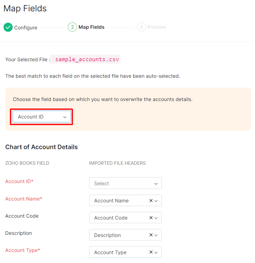 Map Fields Chart of Accounts