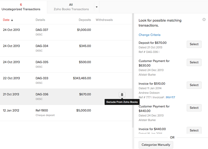 Duplicate entry zoho books while matching transactions