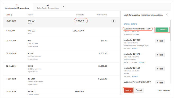 Match deposits with customer payments