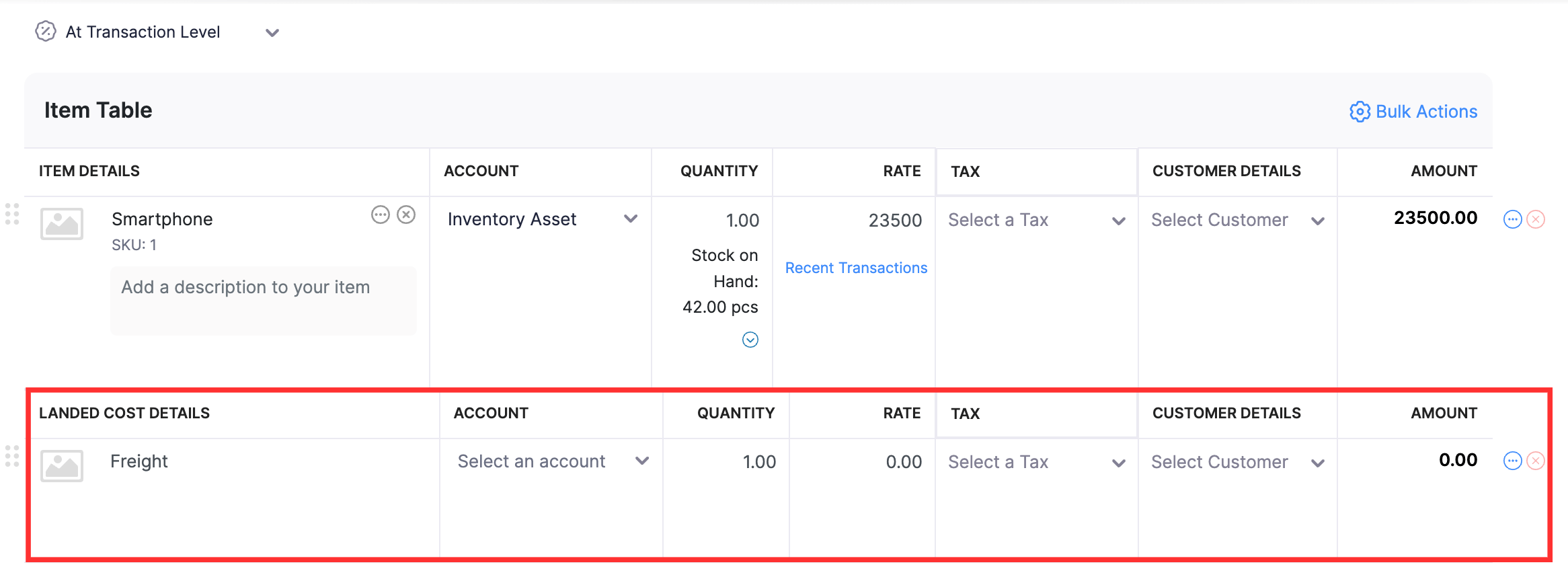 Create a line item and enter details in the Landed Cost Details section