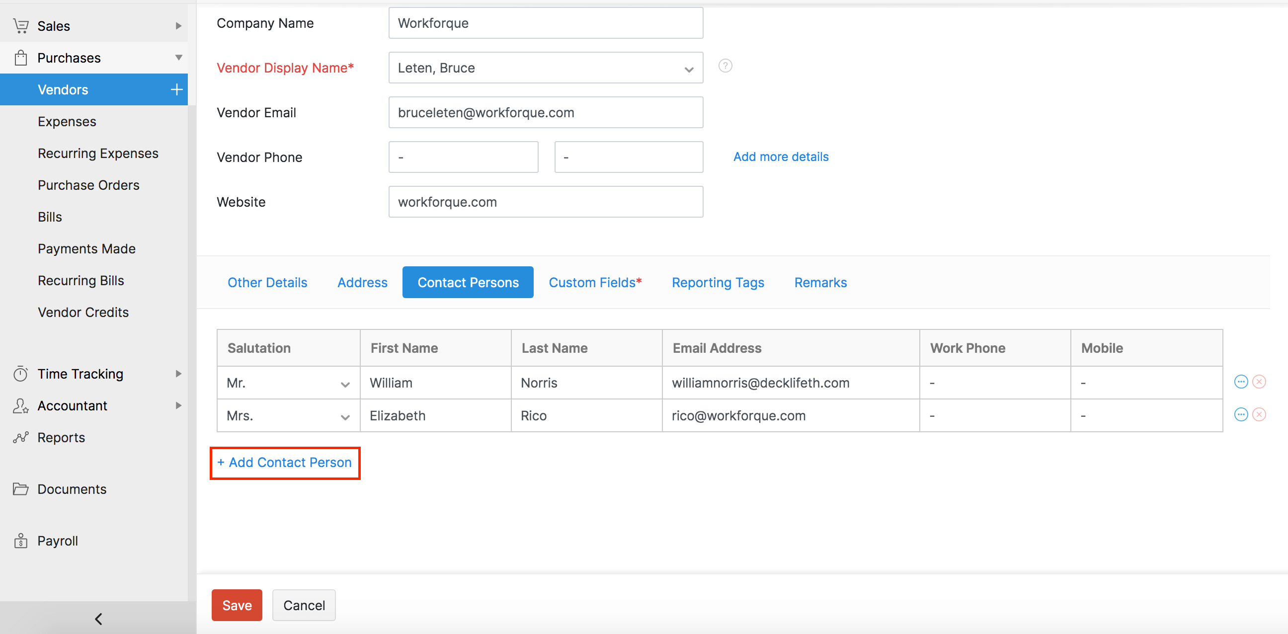 Add more contact persons for a vendor