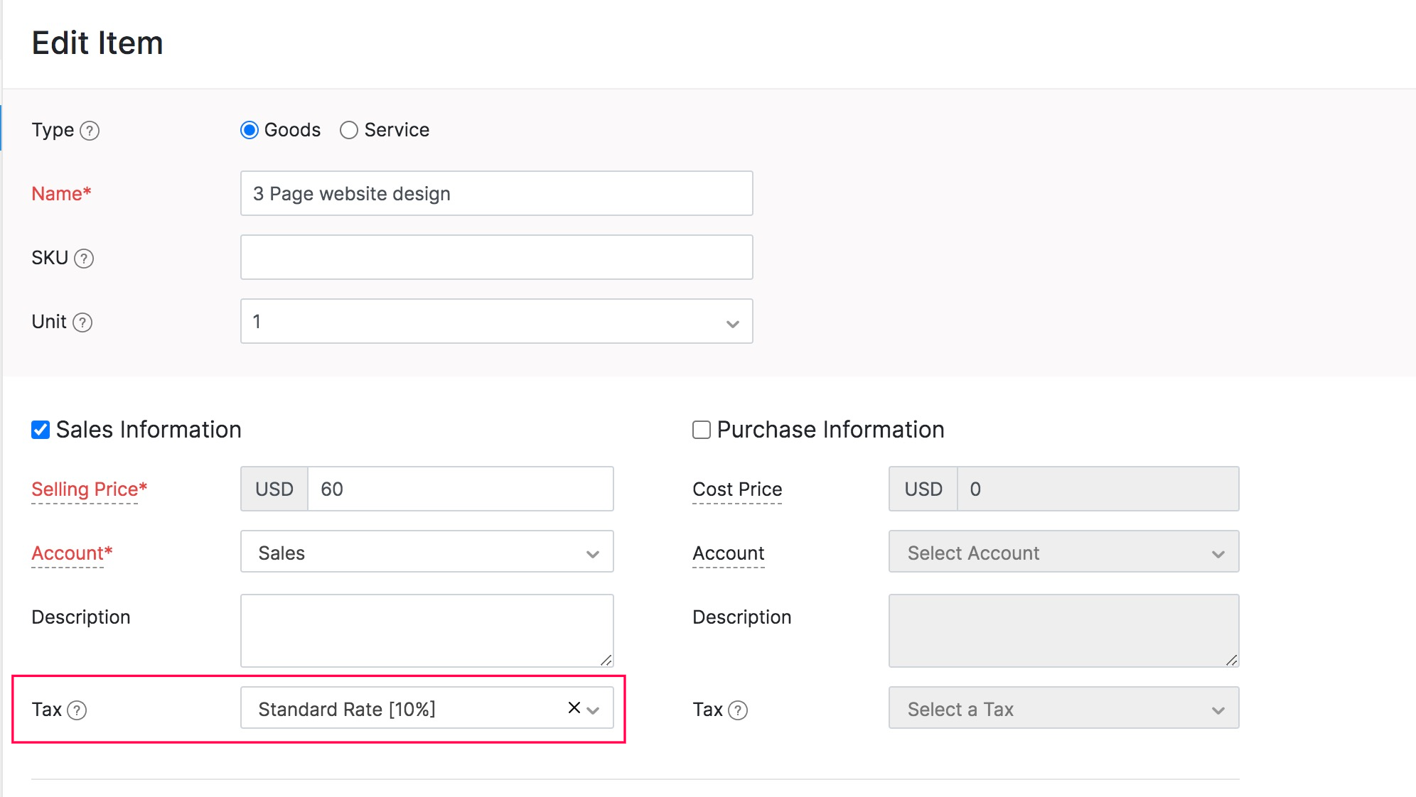 configure tax for items