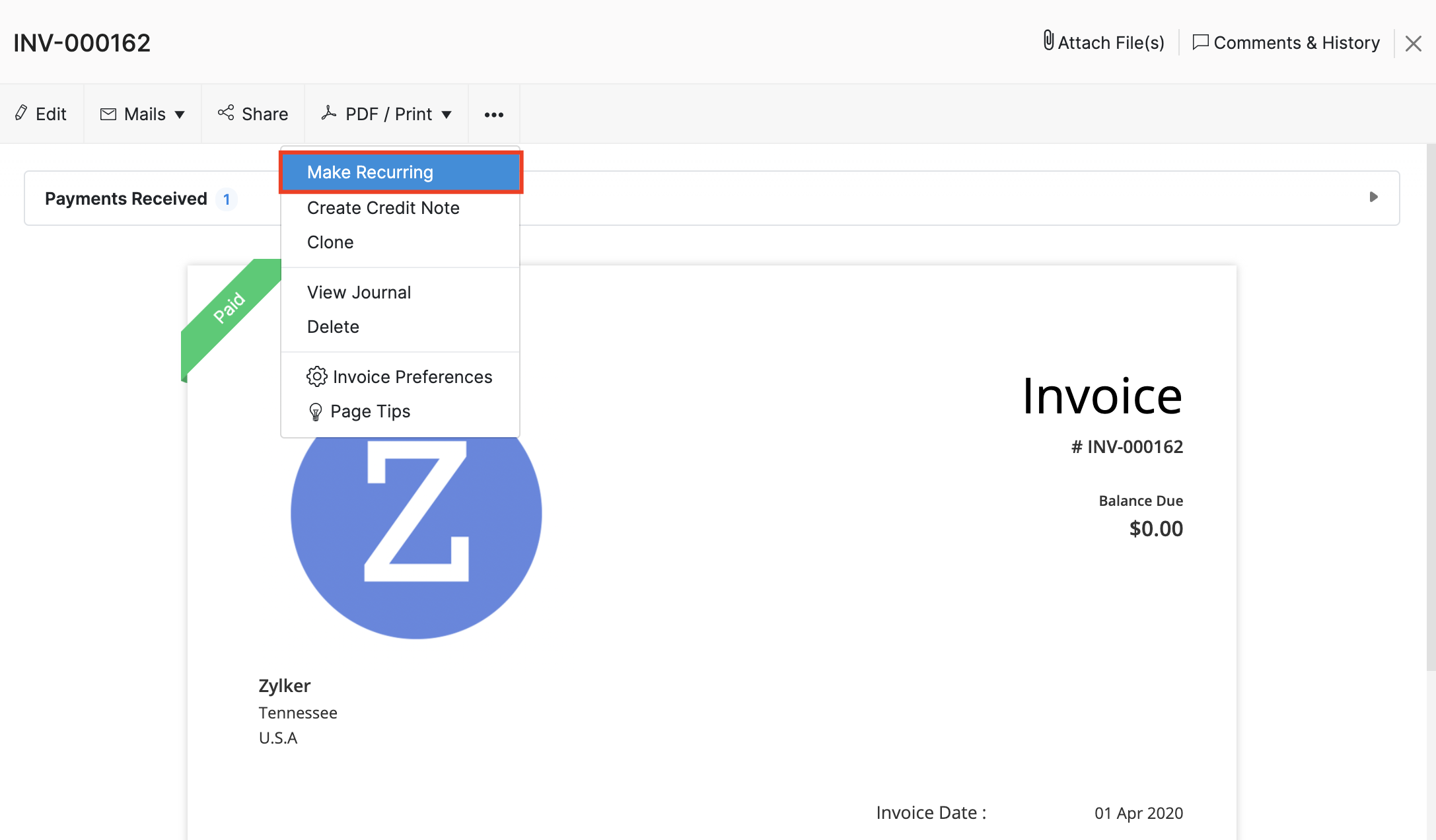 Convert an invoice to recurring