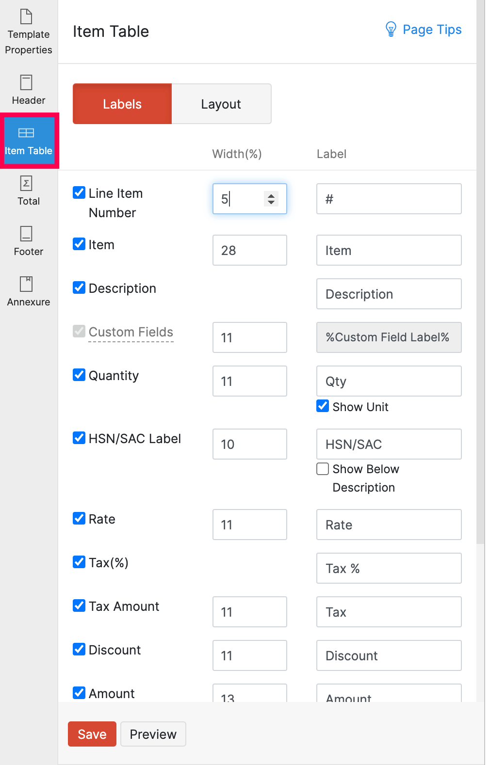 Item table