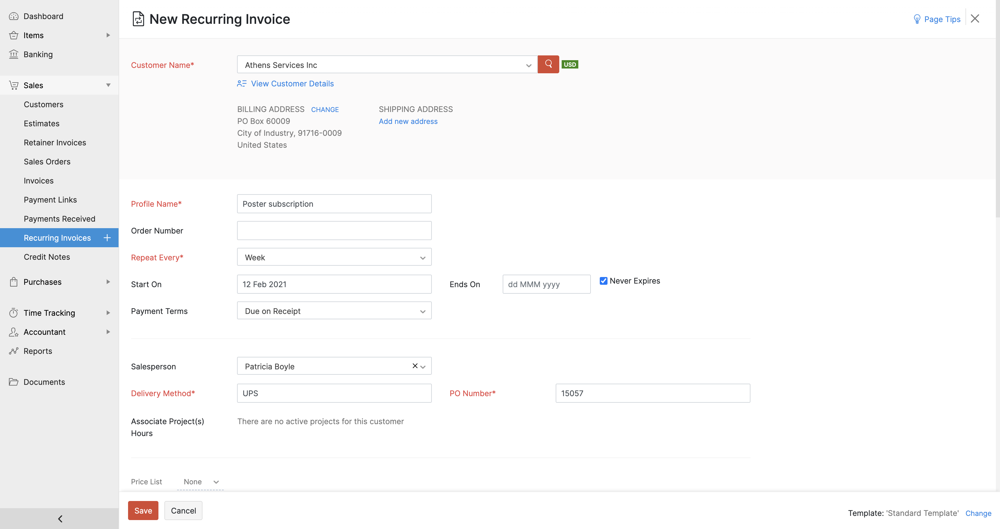 Create new recurring invoice