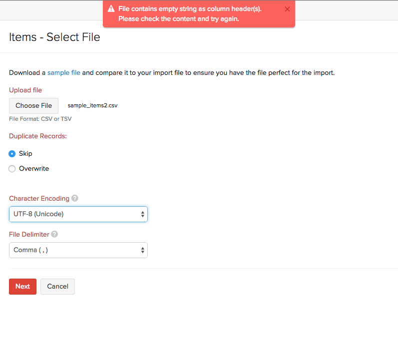 zoho creator error when importing data