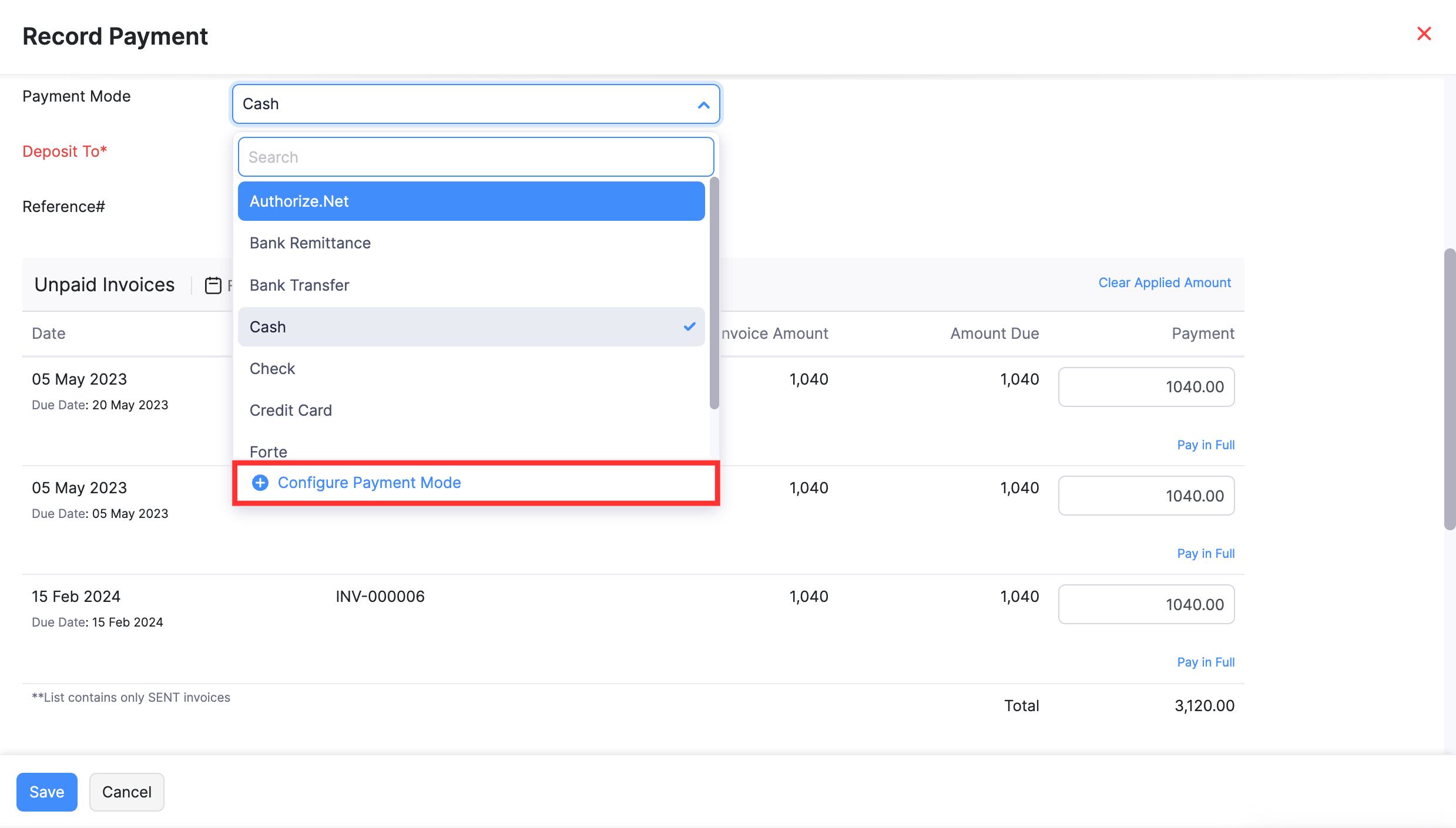 Click 'Configure Payment Mode' from the Payment Mode dropdown