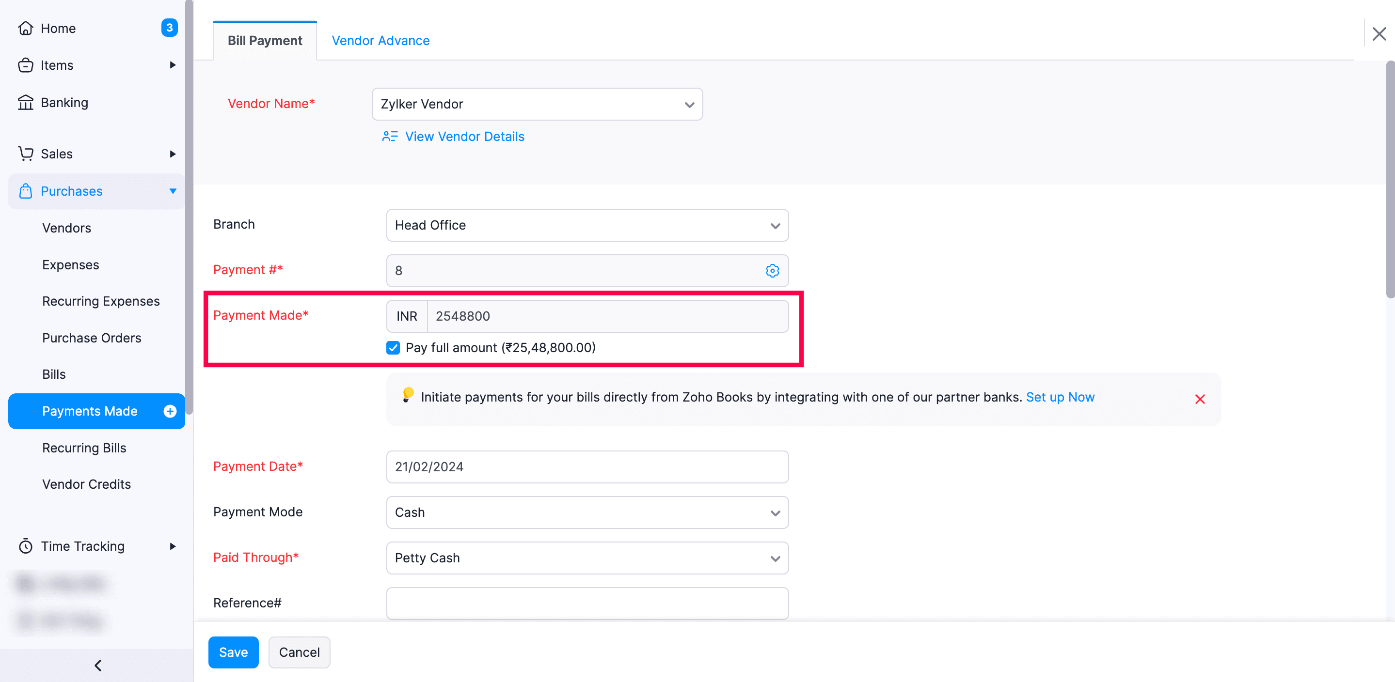 An image showing the bill payment page where you can record payment you have made to your vendors for multiple bills.