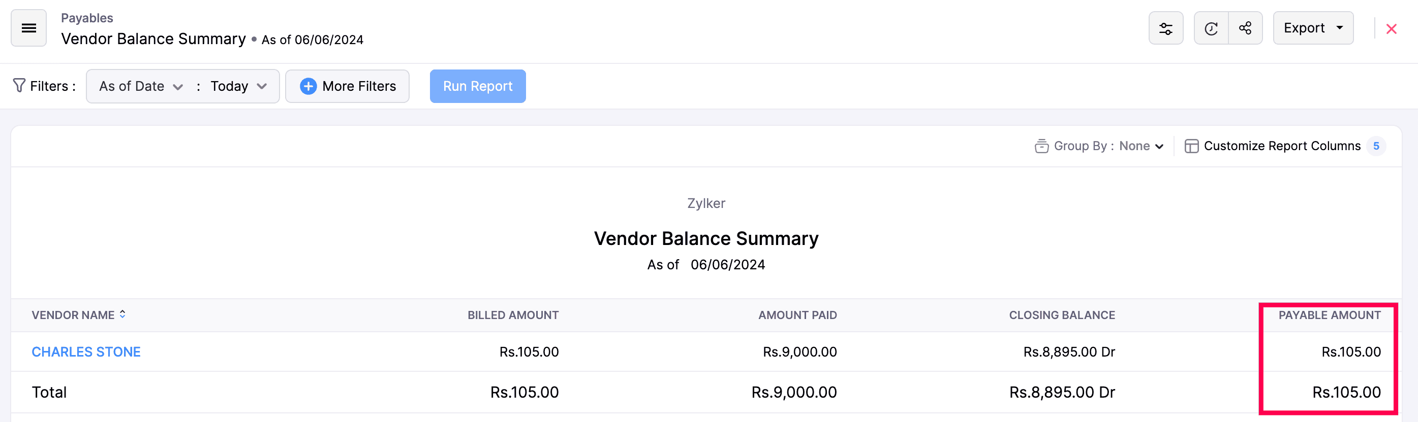 Payable Amount Column in report