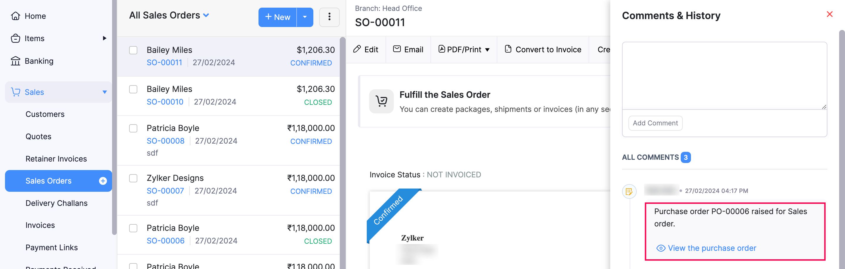 Comments & History section in a sales order in Zoho Books