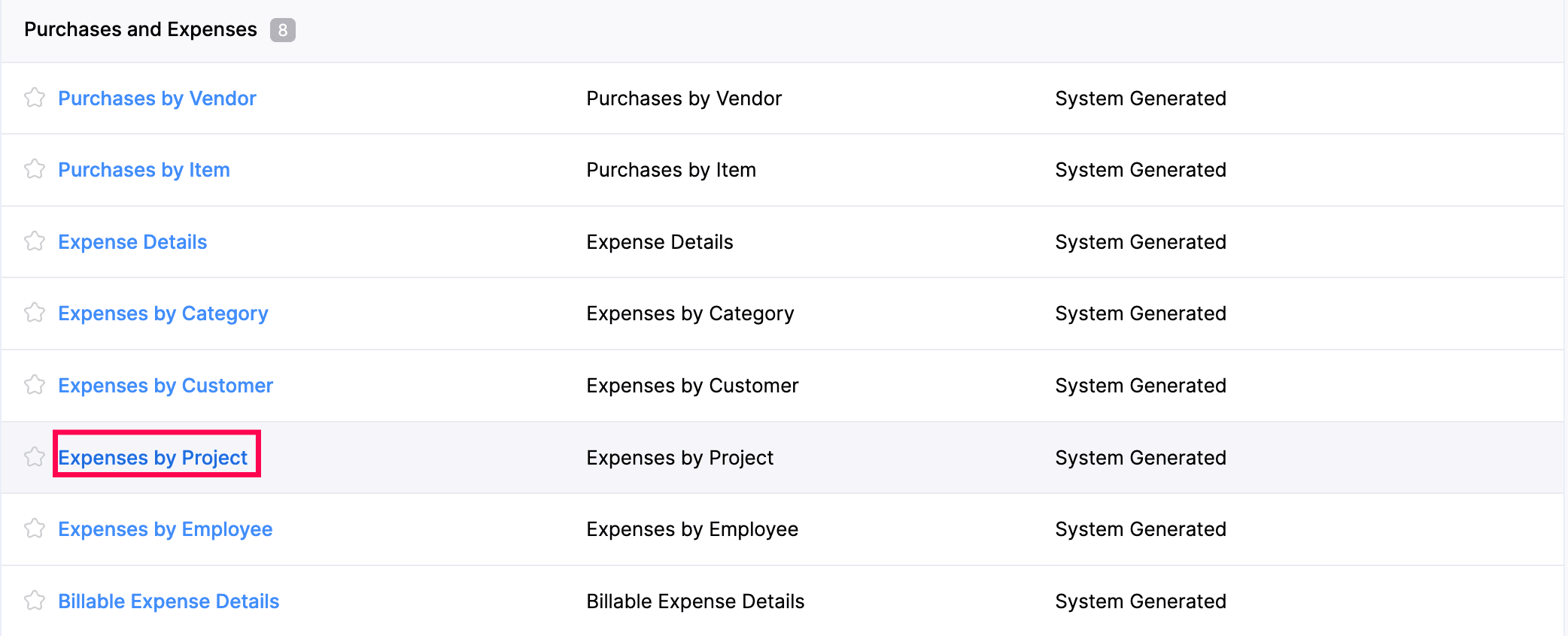 Choose Expenses by Project