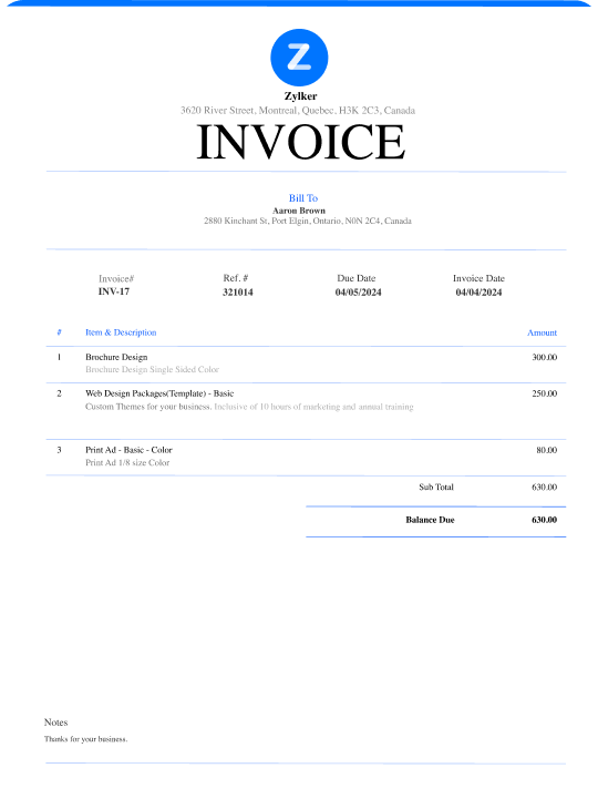 Zoho Invoice - Custom Templates