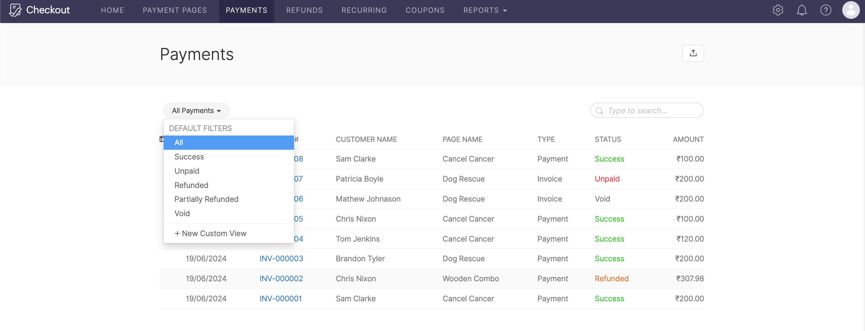 Filtering of payments based on status image