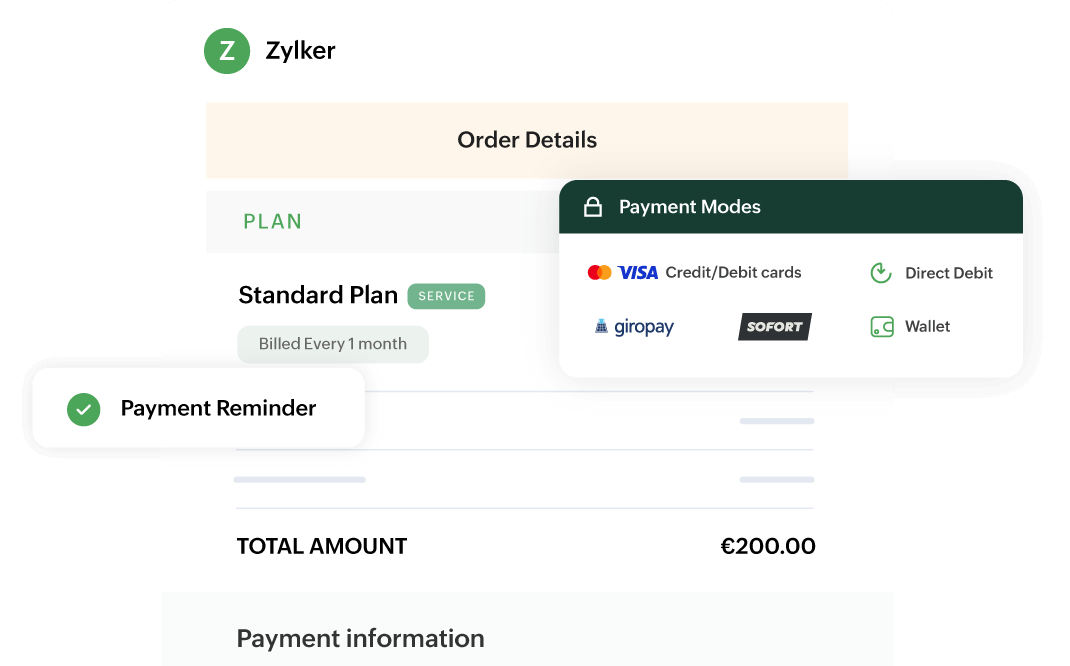 Preview of Zoho Billing's order summary and the multiple payment gateways and modes supported