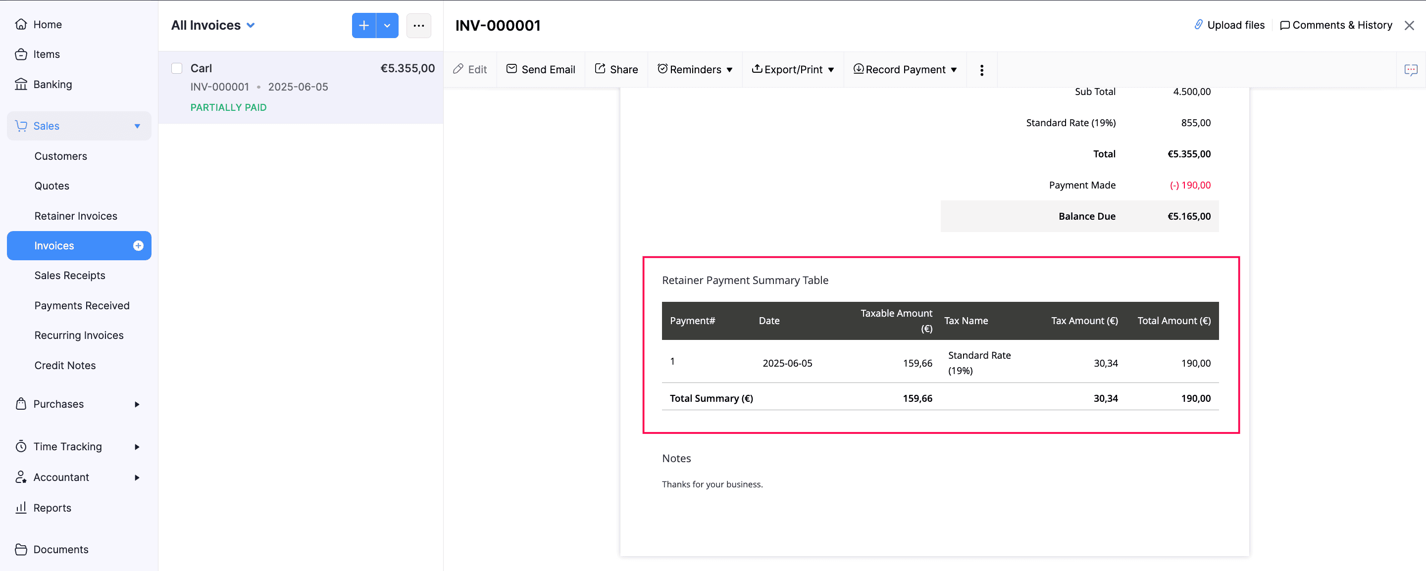 Retainer Payment Summary in Invoices