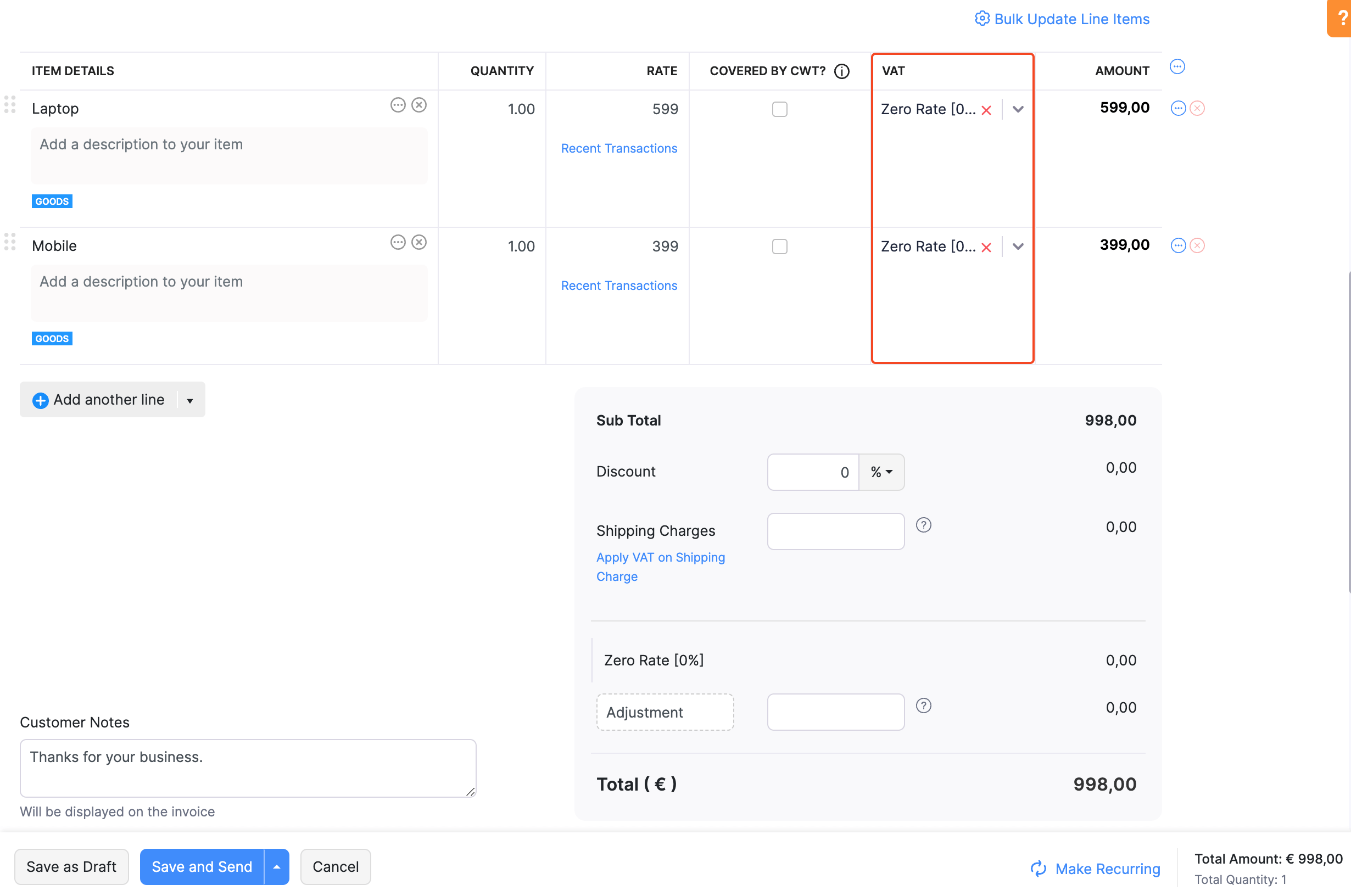 EU VAT Registered Item Table