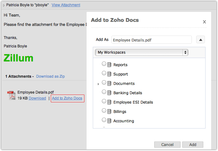 zoho outlook pdf not showing