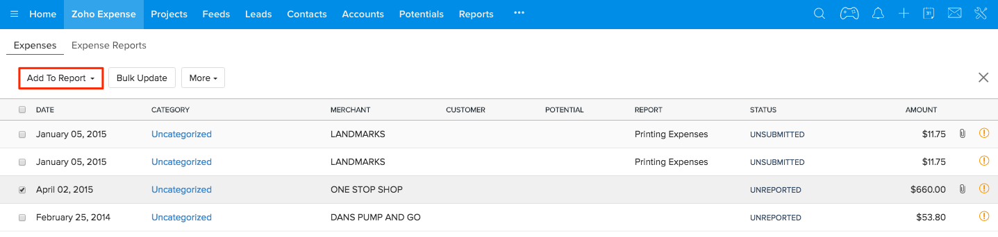 Adding expenses to a report