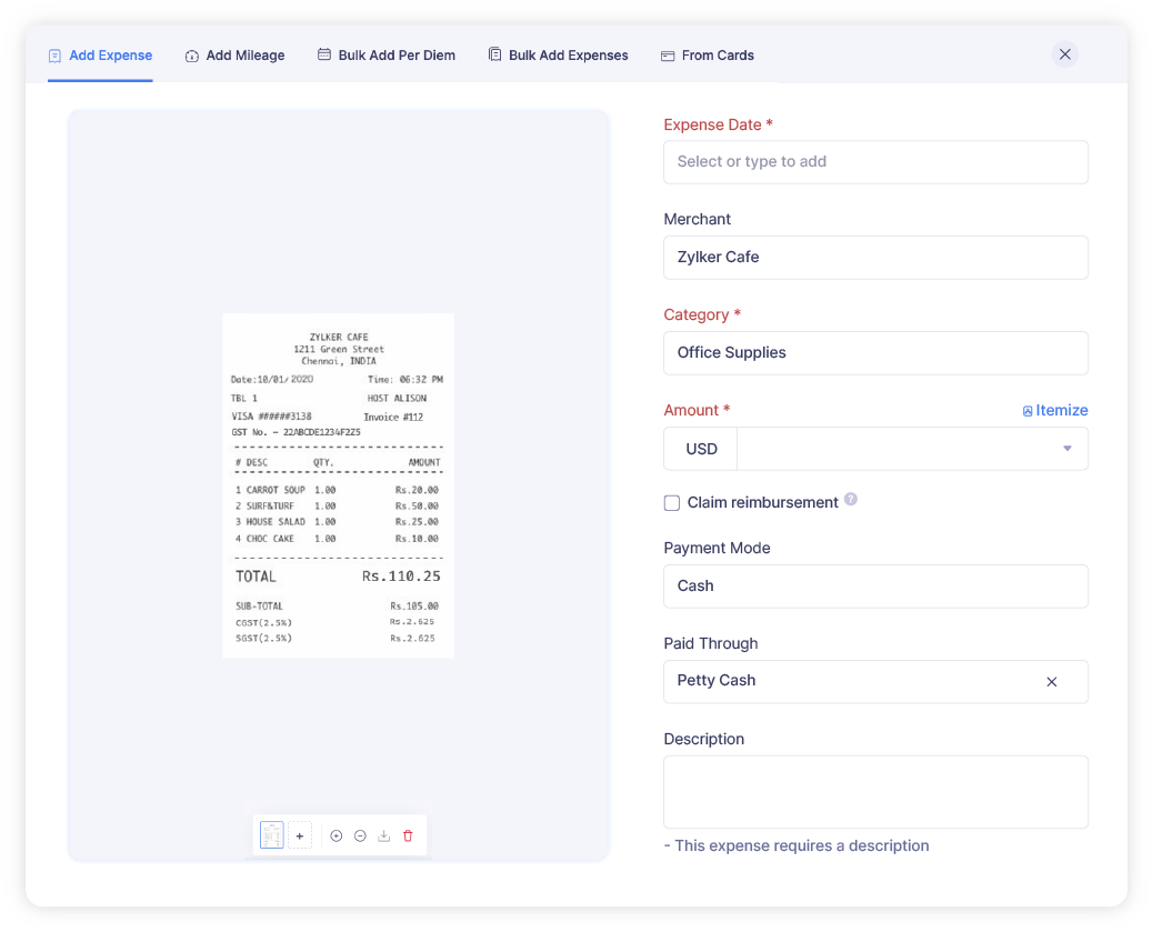 A screenshot displaying the expense types available in Zoho Expense