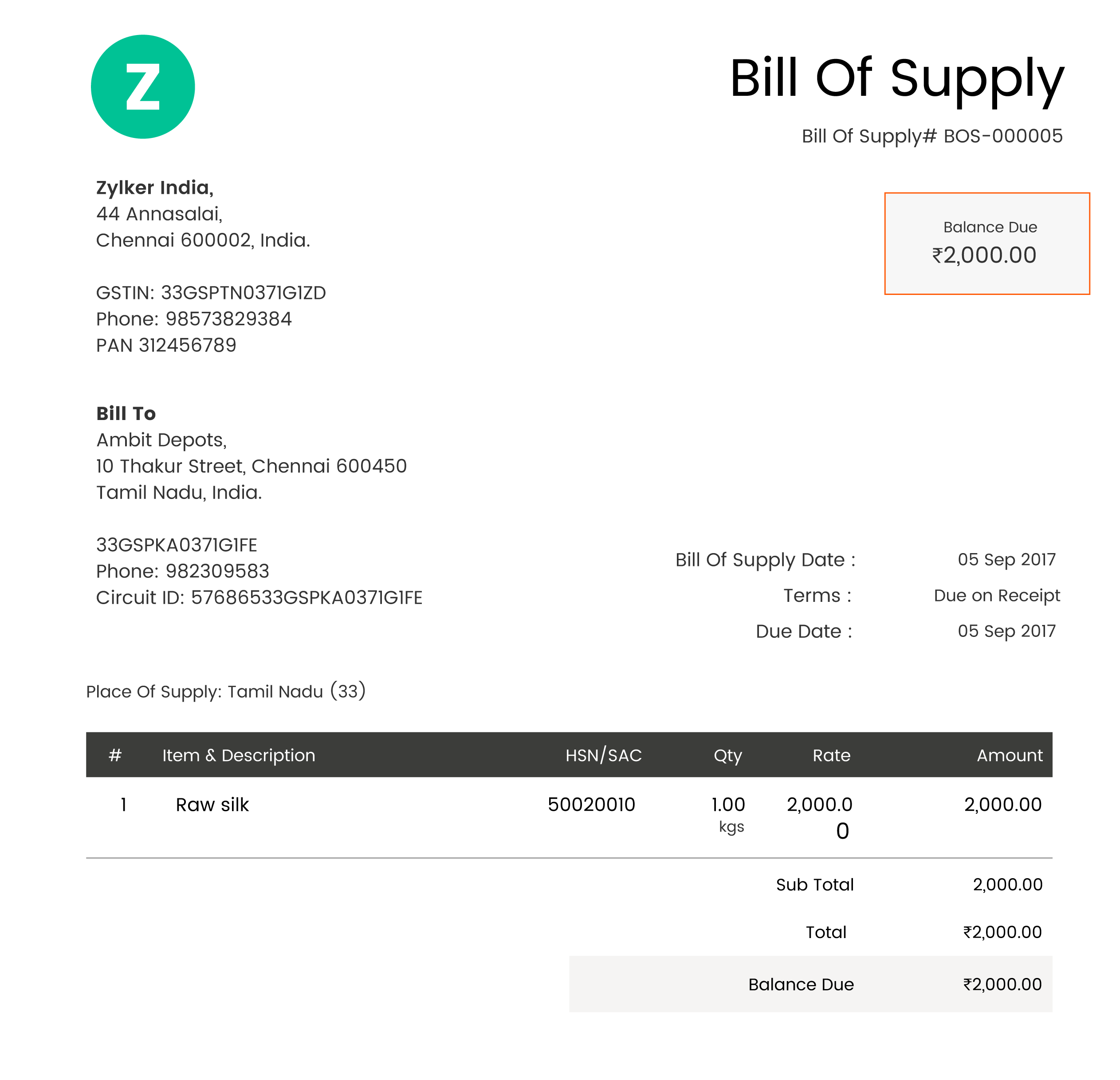 Bill of Supply | Zoho Books